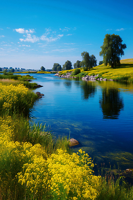 JPG 나무 편집이미지 꽃 꽃밭 자연 하늘 풍경 물 여름 강 노란색 산책 생태계 차분 이미지편집 AI포토 AI콘텐츠 자연요소 식물 계절 컬러 컨셉 휴식 파일형식