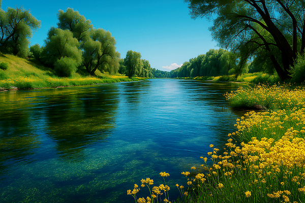 JPG 나무 식물 편집이미지 꽃 자연 하늘 풍경 물 여름 강 평화 고요 강가 청명 이미지편집 AI포토 AI콘텐츠 자연요소 계절 컨셉 생태계 파일형식