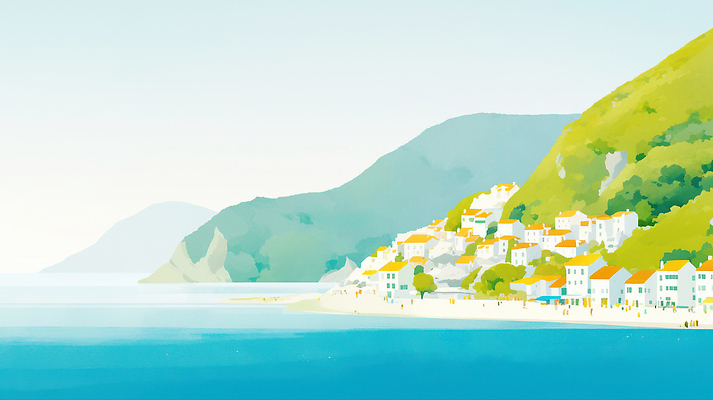 JPG 여유 바다 여행 일러스트 자연 산 풍경 해변 여름 햇빛 평화 마을 수영 고요 산책 즐거움 뷰티풀 풍경화 국내일러스트 AI일러스트 AI콘텐츠 계절 감정 컨셉 휴식 태양 수상스포츠 그림 생태계 파일형식