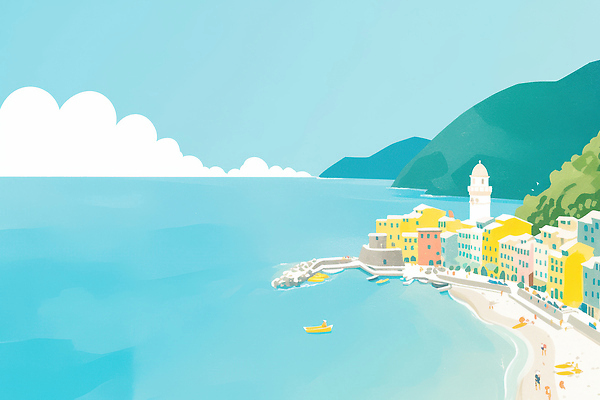 JPG 구름 여유 바다 여행 일러스트 자연 산 풍경 여러명 해변 일상 여름 파란색 마을 노을 수영 보트 국내일러스트 AI일러스트 AI콘텐츠 자연요소 계절 감정 컬러 다수 배_교통 사람 라이프 수상스포츠 생태계 파일형식