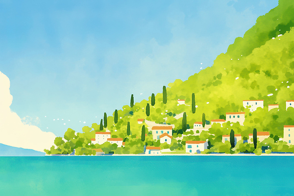 JPG 나무 행복 예술 바다 여행 일러스트 자연 수채화 주택 풍경 해변 여름 마을 산책 언덕 그림 국내일러스트 AI일러스트 AI콘텐츠 식물 계절 감정 휴식 건물 생태계 파일형식