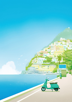 JPG 문화 바다 컬러 여행 채소 일러스트 자연 하늘 날씨 풍경 해변 여름 파란색 감상 산책로 스쿠터 서핑 언덕 국내일러스트 AI일러스트 AI콘텐츠 계절 길 오토바이 수상스포츠 생태계 파일형식