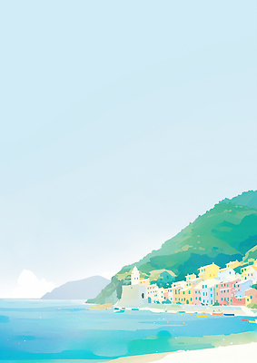 JPG 여유 파도 바다 여행 일러스트 자연 밝음 풍경 해변 여름 파란색 햇빛 평화 마을 언덕 조화 뷰티풀 오후 국내일러스트 AI일러스트 AI콘텐츠 계절 감정 컬러 컨셉 태양 생태계 파일형식