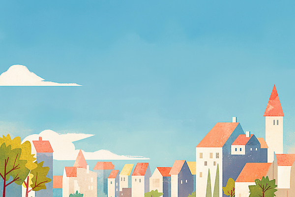 JPG 모양 나무 공원 건축 여유 컬러 여행 일러스트 자연 하늘 아침 지붕 풍경 건물 일상 햇빛 마을 고요 뷰티풀 오후 아기자기 국내일러스트 AI일러스트 AI콘텐츠 주간 식물 건축물 공공시설 감정 컨셉 라이프 태양 생태계 파일형식