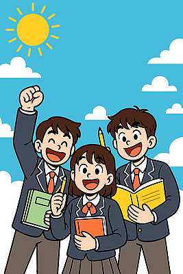 구름 학생 일러스트 학교 모션 하늘 성공 미래 웃음 책 여름 친구 학습 필기구 기쁨 표현 목표 즐거움 소통 보람 국내일러스트 AI파일 자연요소 계절 교육 감정 컨셉 관계 문구용품 표정 파일형식 벡터