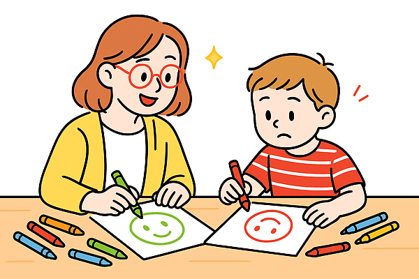 디자인 교육 행복 감정 아들 어린이 예술 일러스트 가족 모션 놀이 탁자 엄마 웃음 시간 색칠 집중 즐거움 그림 크레파스 창의력 국내일러스트 AI파일 가구 컨셉 관계 학용품 표정 사람 파일형식 벡터