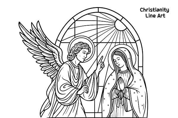 전통 기념일 기독교 종교 예술 선 일러스트 창문 천사 사람 빛 성당 기도 신비 그림 선긋기 창작 국내일러스트 AI파일 컨셉 종교건축 이벤트 파일형식 벡터