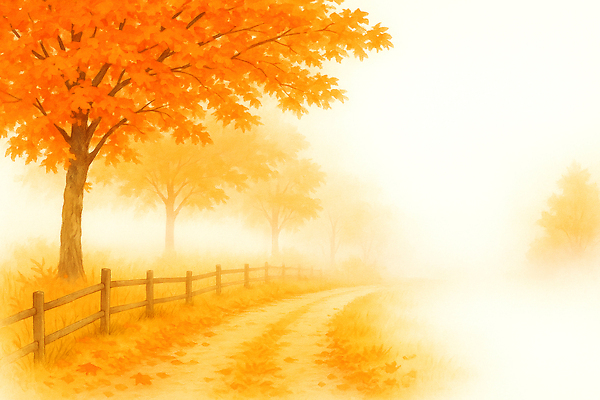 JPG 나무 길 잎 일러스트 자연 아침 바람 풍경 햇빛 평화 산책로 안개 가을 농촌 시골 오솔길 조용 차분 국내일러스트 AI일러스트 AI콘텐츠 주간 자연요소 식물 계절 컨셉 날씨 태양 생태계 파일형식