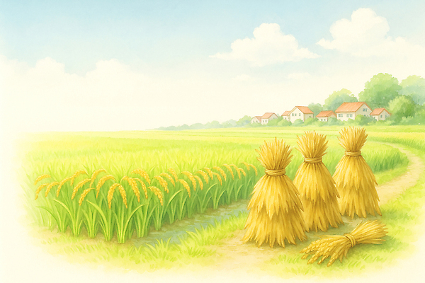 JPG 일러스트 자연 바람 주택 건강 풍경 초원 농작물 햇빛 농사 수확 쌀 가을 농촌 볏짚 농부 일손 국내일러스트 AI일러스트 AI콘텐츠 자연요소 직업 계절 농업 날씨 곡류 건물 태양 시골 짚 생태계 파일형식