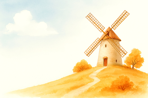 JPG 나무 예술 일러스트 자연 하늘 바람 따뜻함 풍경 고요 풍차 가을 농촌 언덕 그림 조용 전원생활 뷰티풀 풍경화 국내일러스트 AI일러스트 AI콘텐츠 자연요소 식물 계절 날씨 생활 시골 생태계 파일형식