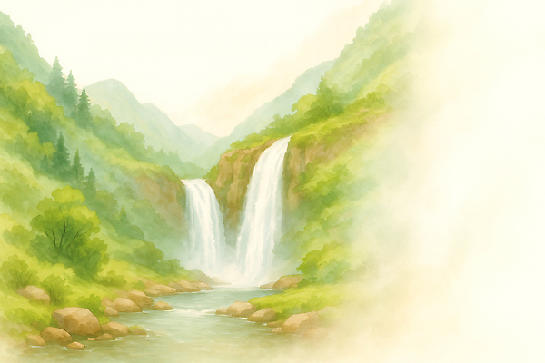 JPG 나무 백그라운드 일러스트 자연 하늘 휴식 산 풍경 초록색 물 평화 계곡 폭포 흐름 바위 숲 생태계 조화 뷰티풀 국내일러스트 AI일러스트 AI콘텐츠 자연요소 식물 컬러 컨셉 돌_바위 파일형식