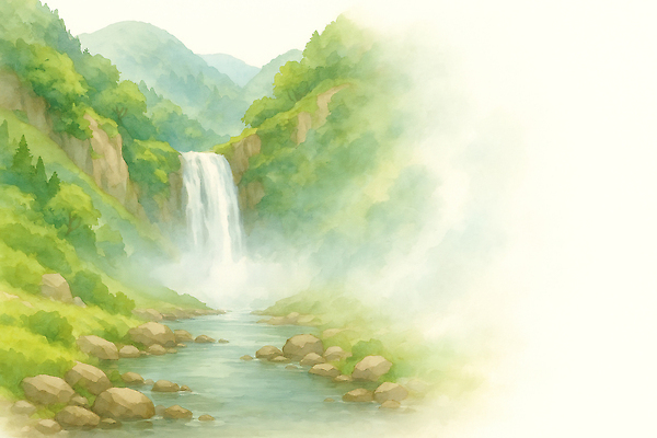 JPG 여행 일러스트 자연 생명 휴식 산 풍경 초록색 물 평화 소리 폭포 산책로 흐름 탐험 안개 숲 신비 조화 뷰티풀 경관 국내일러스트 AI일러스트 AI콘텐츠 자연요소 길 컬러 컨셉 날씨 생태계 파일형식