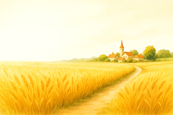 JPG 길 농업 일러스트 자연 하늘 아침 풍경 초원 여름 농작물 햇빛 평화 마을 금색 농촌 시골 밀밭 텃밭 목가 국내일러스트 AI일러스트 AI콘텐츠 주간 계절 산업 컬러 컨셉 밭 태양 밀 생태계 파일형식
