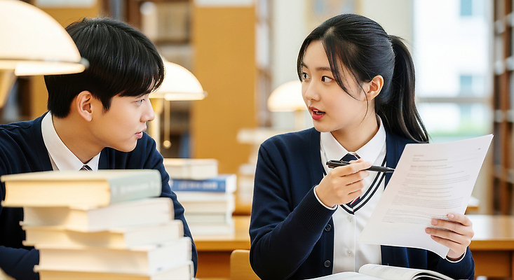 JPG 편집이미지 학생 교육 협력 대화 책 학습 스터디 자료 교양 도서관 질문 집중 의견 답변 의료성형뷰티 편집실사 AI인물포토 AI콘텐츠 컨셉 말하기 CG 파일형식 AI포토