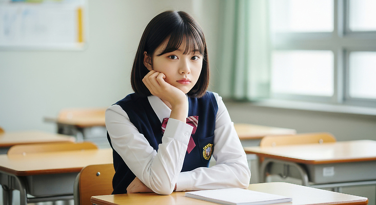 JPG 편집이미지 학생 여학생 생각 창문 교실 학교 고등학교 학습 햇빛 분위기 고독 집중 책상 혼자 의료성형뷰티 방과후 편집실사 AI인물포토 AI콘텐츠 여자 교육 감정 가구 컨셉 태양 CG 파일형식 AI포토