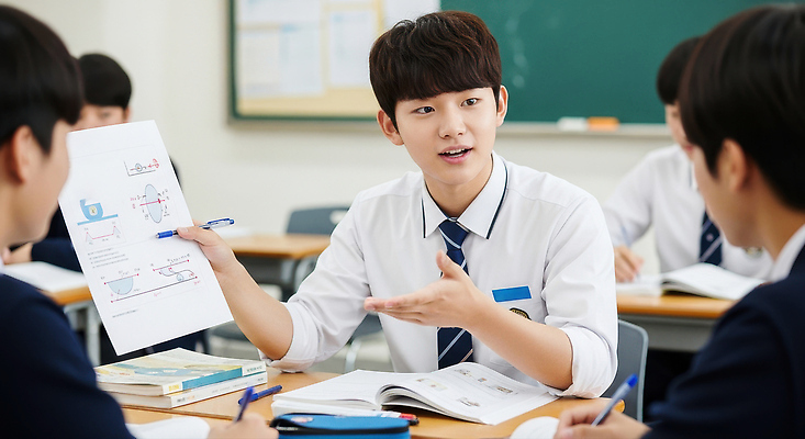 JPG 편집이미지 학생 교육 교실 수업 커뮤니케이션 협력 대화 설명 학습 자료 발표 집중 동료 과제 의료성형뷰티 편집실사 AI인물포토 AI콘텐츠 컨셉 학교 관계 모션 말하기 CG 파일형식 AI포토