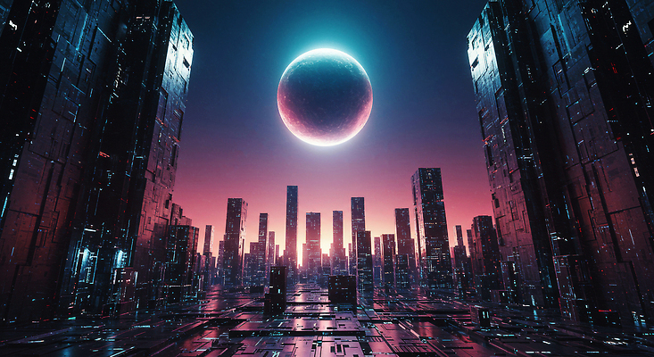 JPG 편집이미지 미래 풍경 건물 빛 우주 고요 황혼 일몰 과학기술 달 도시 원형 신비 스카이라인 SF 이미지편집 AI컴퓨터그래픽 AI콘텐츠 자연요소 도형 건축물 컨셉 기술 노을 파일형식