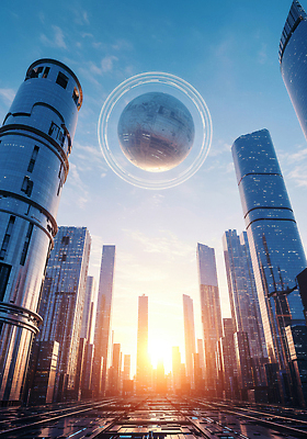 JPG 편집이미지 건축 하늘 미래 기술 풍경 빌딩 반짝임 세계 태양 도시 저녁 SF AI_인공지능 이미지편집 AI컴퓨터그래픽 AI콘텐츠 자연요소 컨셉 모션 건물 야간 파일형식