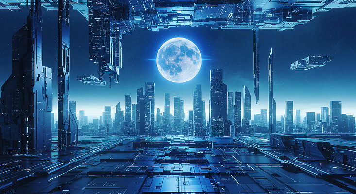 JPG 편집이미지 야경 하늘 미래 기술 빛 평화 고층빌딩 달 도시 구조물 기하학 혁명 SF 이미지편집 AI컴퓨터그래픽 AI콘텐츠 자연요소 건축 컨셉 무늬 빌딩 야간 파일형식 풍경_경치