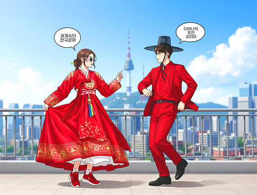 JPG 전통 커플 옷 공원 문화 백그라운드 일러스트 거리 서울 한국 대화 풍경 한복 모던 힐링 남산타워 뷰티풀 국내일러스트 AI일러스트 AI콘텐츠 한국전통 공공시설 아시아 관계 말하기 전통의상 남산 파일형식