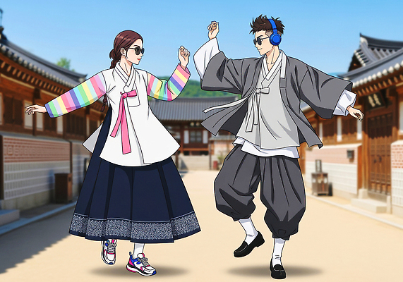 JPG 전통 옷 패션 행복 문화 예술 음악 일러스트 한옥 한국 여러명 여름 선글라스 마을 춤 한복 즐거움 스타일 국내일러스트 AI일러스트 AI콘텐츠 한국전통 계절 감정 아시아 안경 다수 고건축 문화예술 사람 전통의상 파일형식