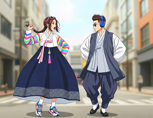 JPG 여자 패션 남자 문화 일러스트 거리 한국 땋은머리 대화 청년 생활 캐주얼 만남 도시 감각 도심 전통의상 한복 스타일 국내일러스트 AI일러스트 AI콘텐츠 한국전통 전통 헤어스타일 옷 아시아 컨셉 말하기 사람 성인 파일형식