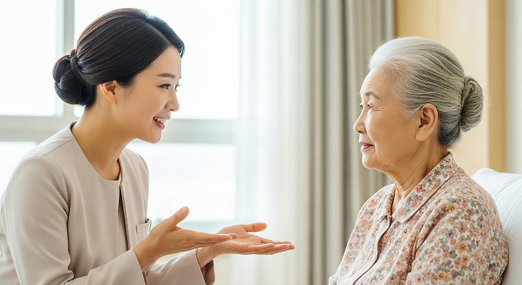 JPG 편집이미지 노년 감정 의학 건강 대화 미소 간호사 간호 노인복지 교감 돌봄 지원 의료성형뷰티 존경 안락 편집실사 AI인물포토 AI콘텐츠 컨셉 모션 표정 말하기 성인 의료진 복지 CG 파일형식 AI포토