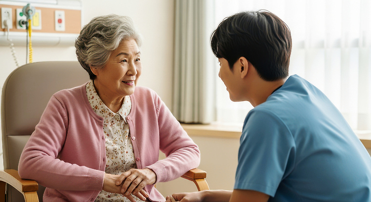 JPG 편집이미지 노년 의학 친절 건강 병원 대화 치료 환자 간호사 의료진 간호 집중 직원 소통 지원 의료성형뷰티 편집실사 AI인물포토 AI콘텐츠 직업 컨셉 말하기 성인 CG 파일형식 AI포토