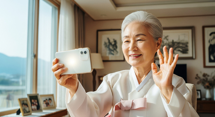 JPG 편집이미지 한국전통 노년 할머니 가족 실내 대화 웃음 스마트폰 노을 방 연결 세대 손흔들기 화상통화 의료성형뷰티 편집실사 AI인물포토 AI콘텐츠 자연요소 전통 여자 관계 모션 한국 표정 말하기 성인 내부 핸드폰 스마트기기 CG 통화 파일형식 AI포토