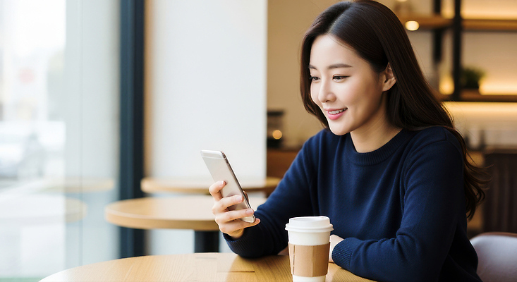 JPG 편집이미지 여자 행복 여유 커피 음료 탁자 휴식 스마트폰 인테리어 카페 시간 편안함 즐거움 확인 혼자 의료성형뷰티 편집실사 AI인물포토 AI콘텐츠 디자인 감정 가구 컨셉 사람 핸드폰 스마트기기 상점 감각 CG 파일형식 AI포토