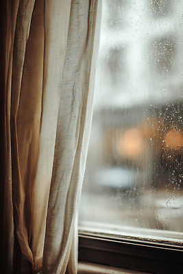 JPG 편집이미지 창문 유리 날씨 실내 따뜻함 풍경 햇빛 물방울 커튼 비 분위기 부드러움 흐림 차분 편집실사 AI포토 AI콘텐츠 자연요소 컨셉 재질 내부 태양 감각 CG 파일형식