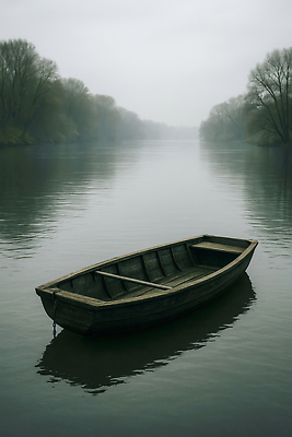JPG 나무 편집이미지 자연 아침 풍경 물 강 평화 고요 안개 수면 강가 조용 나무배 편집실사 AI포토 AI콘텐츠 주간 자연요소 식물 컨셉 배_교통 날씨 CG 생태계 파일형식