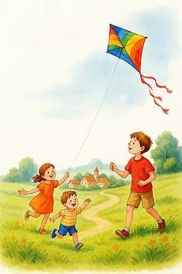 JPG 행복 스포츠 일러스트 가족 자연 놀이 미소 웃음 잔디 여름 친구 달리기 평화 자유 놀이터 연 즐거움 오후 국내일러스트 AI일러스트 AI콘텐츠 식물 계절 감정 컨셉 관계 모션 표정 놀이용품 생태계 파일형식