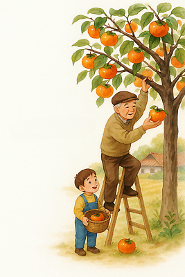 JPG 전통 할아버지 농업 일러스트 사다리 가족 자연 동화 손자 풍경 일상 여름 농장 바구니 수확 자녀 추억 즐거움 과일따기 국내일러스트 AI일러스트 AI콘텐츠 계절 노년 남자 감정 산업 컨셉 관계 라이프 도구 손주 생태계 파일형식