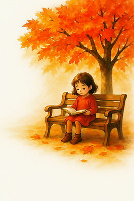 JPG 나무 행복 여유 어린이 단풍 잎 벤치 일러스트 자연 동화 따뜻함 사랑 소녀 일상 책 독서 평화 가을 뷰티풀 색감 국내일러스트 AI일러스트 AI콘텐츠 식물 계절 여자 감정 컨셉 의자 사람 라이프 생태계 파일형식