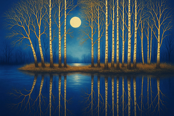 JPG 나무 일러스트 자연 하늘 생명 조명 풍경 초원 물 파란색 반사 평화 고요 보름달 밤 숲속 숲 강가 이미지 자작나무 국내일러스트 AI일러스트 AI콘텐츠 자연요소 식물 컬러 컨셉 강 견과류 달 생태계 파일형식