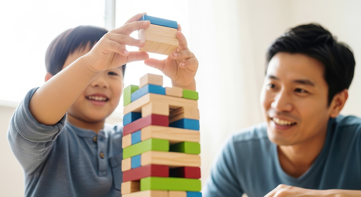 JPG 편집이미지 아들 어린이 가족 모션 놀이 주택 따뜻함 미소 쌓기 블록 공간 시간 아빠 즐거움 의료성형뷰티 편집실사 AI인물포토 AI콘텐츠 감정 관계 표정 사람 건물 CG 파일형식 AI포토