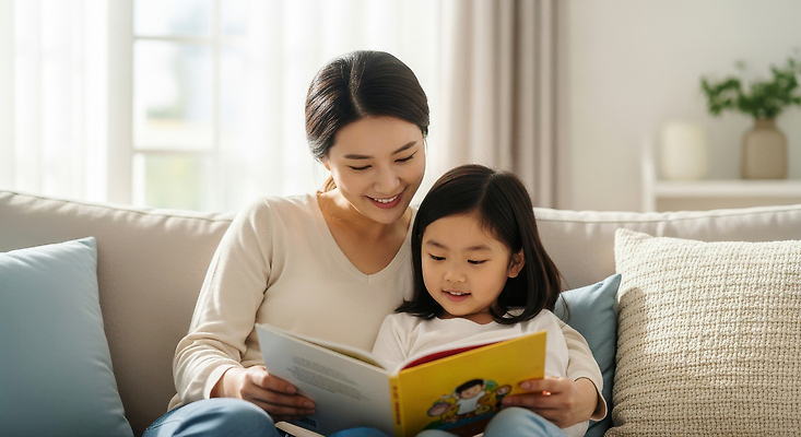 JPG 편집이미지 딸 행복 어린이 거실 가족 모션 엄마 조명 따뜻함 이야기 책 소파 독서 시간 즐거움 의료성형뷰티 편집실사 AI인물포토 AI콘텐츠 감정 의자 관계 사람 CG 파일형식 AI포토