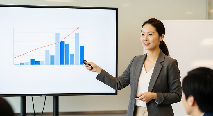 JPG 편집이미지 여자 비즈니스 통계 회의 그래프 직장 설명 사무실 자료 발표 군중 프레젠테이션 소통 관심 전문 의료성형뷰티 편집실사 AI인물포토 AI콘텐츠 컨셉 회사 모션 사람 CG 파일형식 AI포토