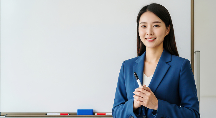 JPG 편집이미지 학생 여자 교육 미소 정장 파란색 강사 발표 분위기 강의 강의실 준비 화이트보드 전문 의료성형뷰티 편집실사 AI인물포토 AI콘텐츠 직업 옷 컬러 컨셉 표정 사람 공간 CG 파일형식 AI포토