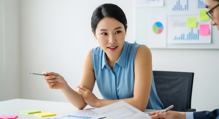 JPG 편집이미지 여자 비즈니스 회의 커뮤니케이션 그래프 협력 아이디어 사무실 자료 메모지 분석 동료 은행 의료성형뷰티 편집실사 AI인물포토 AI콘텐츠 컨셉 관계 사람 금융 사무용품 CG 파일형식 AI포토