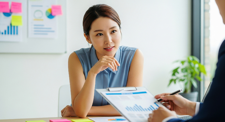 JPG 편집이미지 여자 남자 비즈니스 회의 협력 직장 대화 사무실 자료 직장인 집중 분석 포스트잇 서류판 전문 의료성형뷰티 편집실사 AI인물포토 AI콘텐츠 직업 컨셉 회사 말하기 사람 사무용품 메모지 CG 파일형식 AI포토