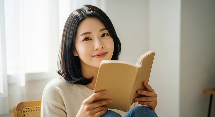 JPG 편집이미지 여자 여유 실내 미소 취미 책 독서 햇빛 편안함 즐거움 습관 바쁜일상 오후 의료성형뷰티 편집실사 AI인물포토 AI콘텐츠 감정 표정 사람 내부 태양 감각 CG 파일형식 AI포토