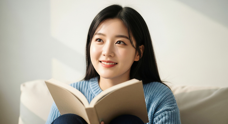 JPG 편집이미지 여자 행복 여유 청소년 실내 미소 책 독서 햇빛 편안함 독립 오후 의료성형뷰티 편집실사 AI인물포토 AI콘텐츠 감정 표정 사람 내부 태양 감각 CG 파일형식 AI포토