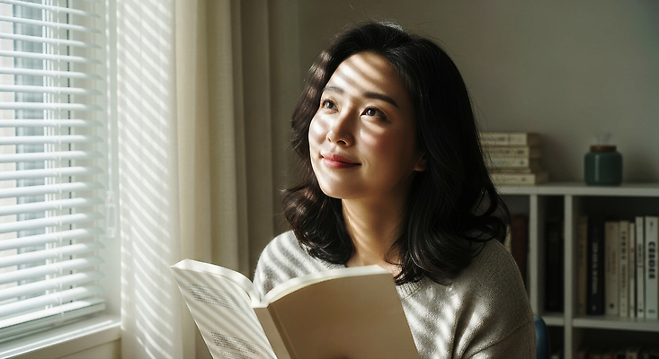 JPG 편집이미지 여자 행복 창문 실내 표정 책 독서 햇빛 방 편안함 주말 의료성형뷰티 차분 편집실사 AI인물포토 AI콘텐츠 감정 컨셉 사람 내부 태양 감각 CG 파일형식 AI포토