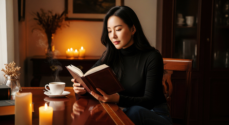 JPG 편집이미지 여자 여유 촛불 조명 실내 따뜻함 책 독서 공간 차 편안함 커피잔 집중 오브젝트 오후 의료성형뷰티 편집실사 AI인물포토 AI콘텐츠 감정 커피 음료 컨셉 초 잔 사람 내부 감각 CG 파일형식 AI포토