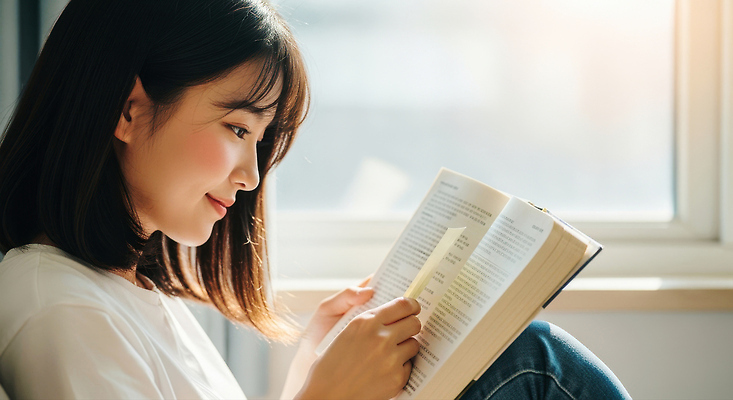 JPG 편집이미지 여자 여유 실내 청년 일상 책 독서 햇빛 교양 시간 편안함 집중 창가 순간 의료성형뷰티 편집실사 AI인물포토 AI콘텐츠 감정 컨셉 창문 사람 성인 내부 라이프 태양 감각 CG 파일형식 AI포토