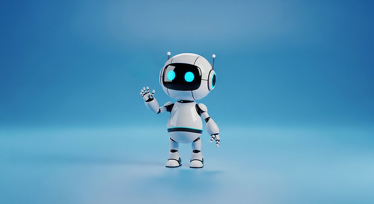 JPG 편집이미지 캐릭터 디자인 감정 미래 기술 빛 귀여움 기쁨 인사 작음 로봇 파란배경 손흔들기 상호작용 이미지편집 AI컴퓨터그래픽 AI콘텐츠 백그라운드 컨셉 모션 파란색 예절 크기 파일형식