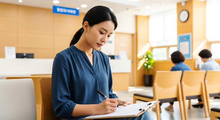 JPG 편집이미지 여자 짧은머리 여러명 일상 청바지 대기 기록 시간 사무 집중 문서 건강검진 대기실 의료성형뷰티 편집실사 AI인물포토 AI콘텐츠 헤어스타일 다수 컨셉 바지 사람 라이프 공간 업무 CG 검사_조사 파일형식 AI포토