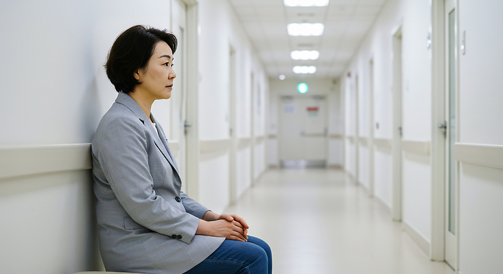 JPG 편집이미지 여자 감정 생각 건강 병원 치료 기댐 고요 복도 긴장 건강검진 심리 혼자 의료성형뷰티 편집실사 AI인물포토 AI콘텐츠 의학 모션 사람 CG 검사_조사 파일형식 AI포토